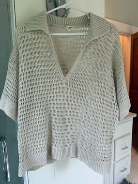 Max Studio Open-Weave Collared Sweater Top in Light Beige